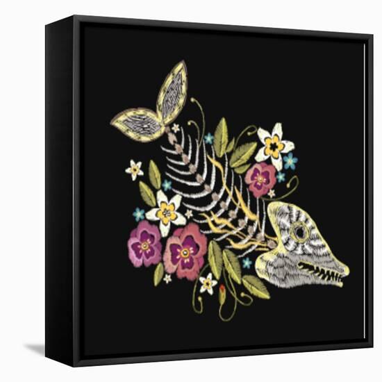 Embroidery Fish Bone and Flowers Gothic Art Background. Embroidery Summer Flowers and Skeleton of F-matrioshka-Framed Stretched Canvas