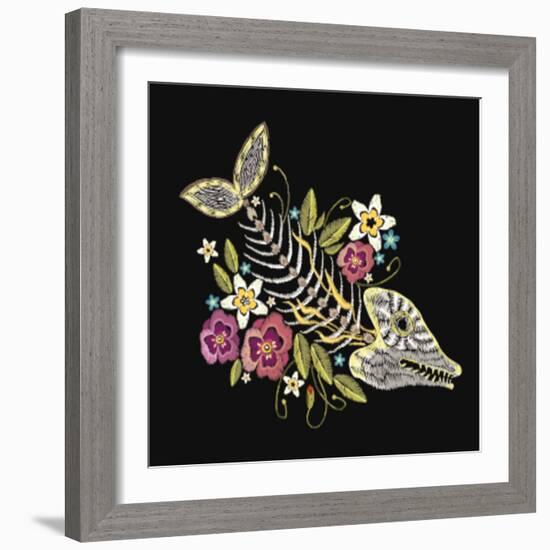 Embroidery Fish Bone and Flowers Gothic Art Background. Embroidery Summer Flowers and Skeleton of F-matrioshka-Framed Art Print
