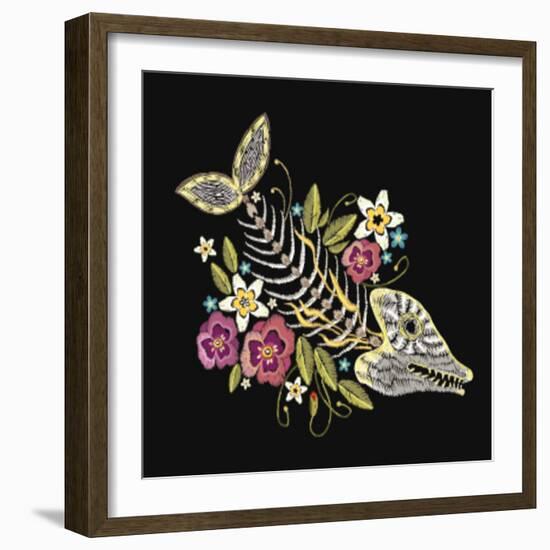 Embroidery Fish Bone and Flowers Gothic Art Background. Embroidery Summer Flowers and Skeleton of F-matrioshka-Framed Art Print