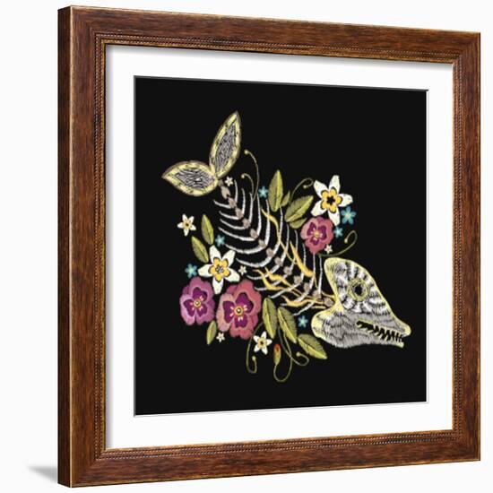 Embroidery Fish Bone and Flowers Gothic Art Background. Embroidery Summer Flowers and Skeleton of F-matrioshka-Framed Art Print