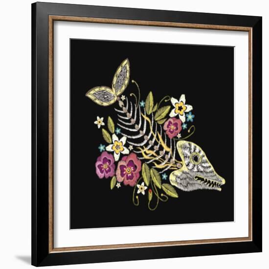 Embroidery Fish Bone and Flowers Gothic Art Background. Embroidery Summer Flowers and Skeleton of F-matrioshka-Framed Art Print