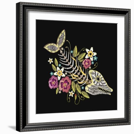 Embroidery Fish Bone and Flowers Gothic Art Background. Embroidery Summer Flowers and Skeleton of F-matrioshka-Framed Art Print