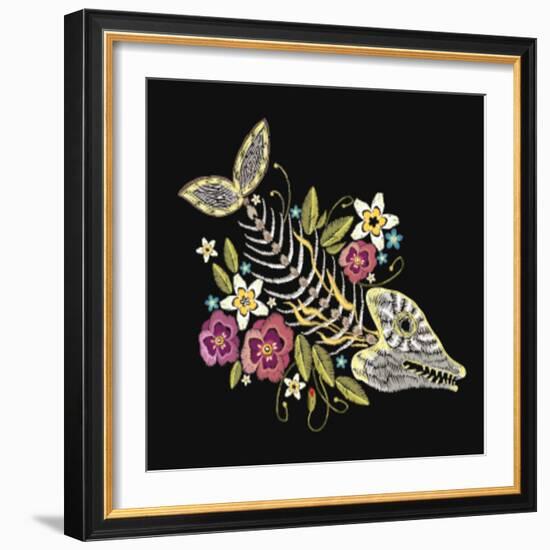 Embroidery Fish Bone and Flowers Gothic Art Background. Embroidery Summer Flowers and Skeleton of F-matrioshka-Framed Art Print