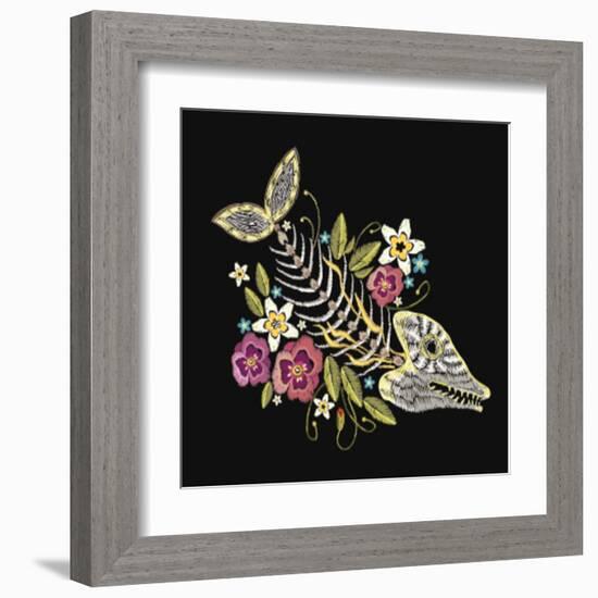 Embroidery Fish Bone and Flowers Gothic Art Background. Embroidery Summer Flowers and Skeleton of F-matrioshka-Framed Art Print