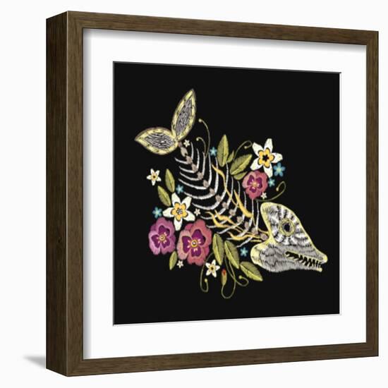 Embroidery Fish Bone and Flowers Gothic Art Background. Embroidery Summer Flowers and Skeleton of F-matrioshka-Framed Art Print