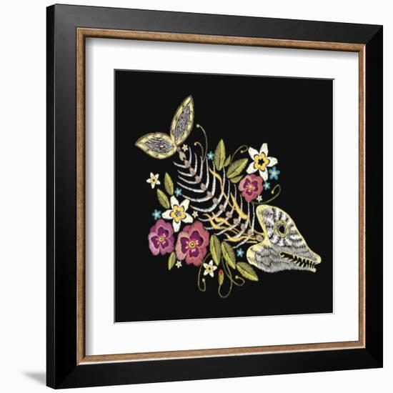 Embroidery Fish Bone and Flowers Gothic Art Background. Embroidery Summer Flowers and Skeleton of F-matrioshka-Framed Art Print