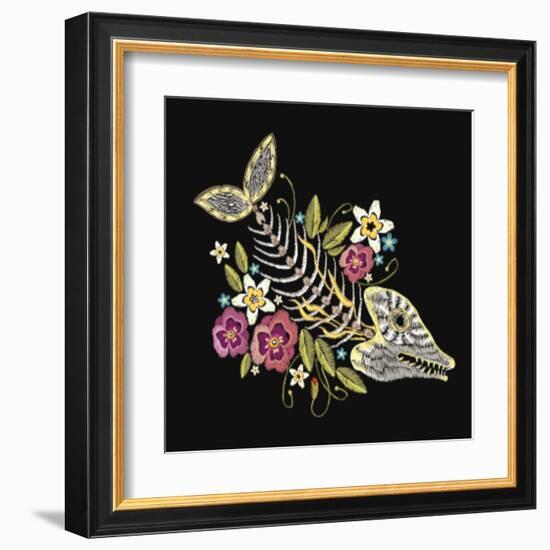 Embroidery Fish Bone and Flowers Gothic Art Background. Embroidery Summer Flowers and Skeleton of F-matrioshka-Framed Art Print