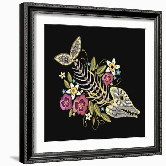 Embroidery Fish Bone and Flowers Gothic Art Background. Embroidery Summer Flowers and Skeleton of F-matrioshka-Framed Premium Giclee Print