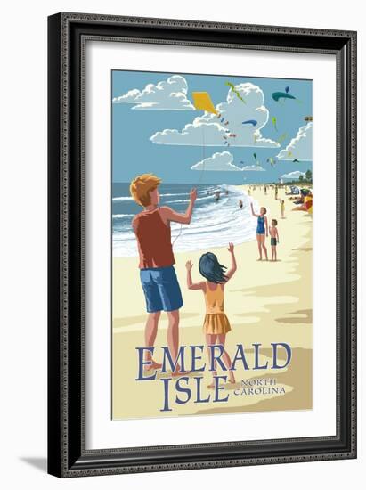Emerald Isle, North Carolina - Kite Flyers-Lantern Press-Framed Art Print