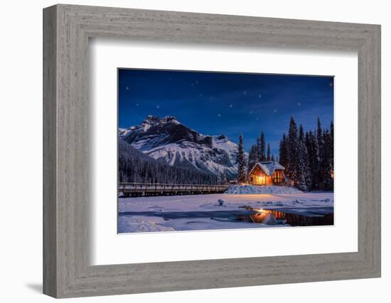 Emerald Lake Lodge in Banff, Canada during winter with snow and mountains at night with starry sky-David Chang-Framed Photographic Print