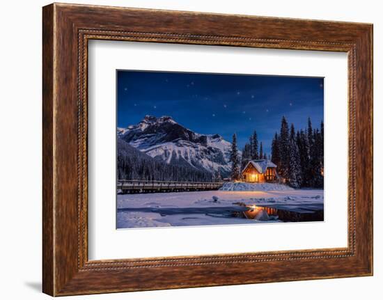 Emerald Lake Lodge in Banff, Canada during winter with snow and mountains at night with starry sky-David Chang-Framed Photographic Print