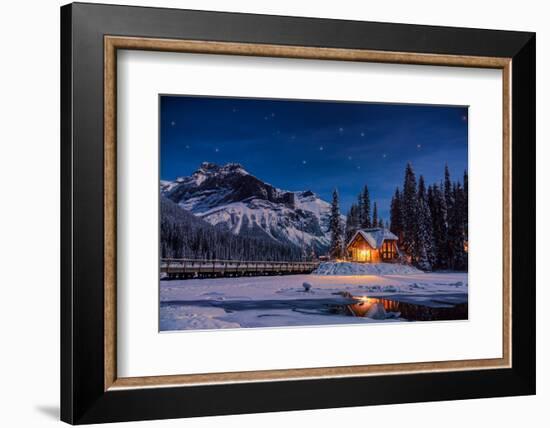 Emerald Lake Lodge in Banff, Canada during winter with snow and mountains at night with starry sky-David Chang-Framed Photographic Print