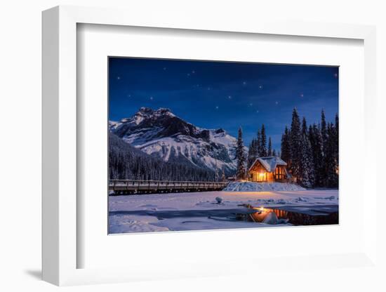 Emerald Lake Lodge in Banff, Canada during winter with snow and mountains at night with starry sky-David Chang-Framed Photographic Print