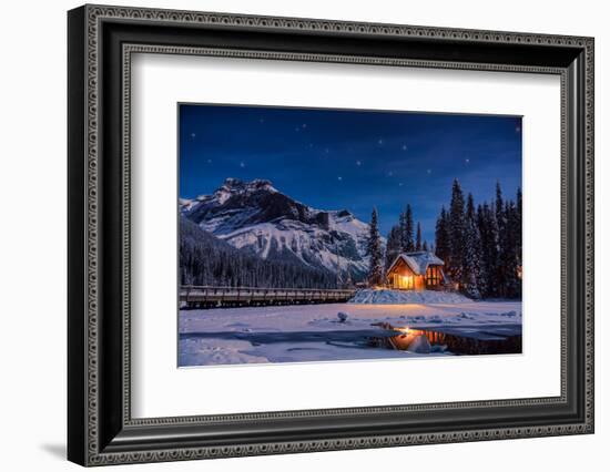 Emerald Lake Lodge in Banff, Canada during winter with snow and mountains at night with starry sky-David Chang-Framed Photographic Print