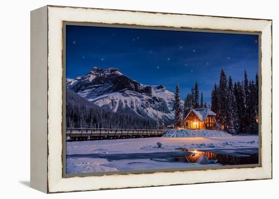 Emerald Lake Lodge in Banff, Canada during winter with snow and mountains at night with starry sky-David Chang-Framed Premier Image Canvas