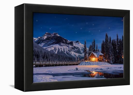 Emerald Lake Lodge in Banff, Canada during winter with snow and mountains at night with starry sky-David Chang-Framed Premier Image Canvas
