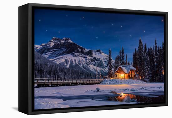 Emerald Lake Lodge in Banff, Canada during winter with snow and mountains at night with starry sky-David Chang-Framed Premier Image Canvas