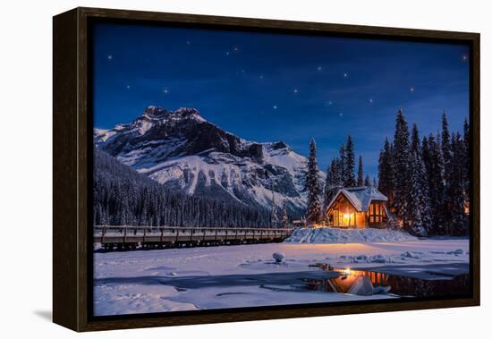 Emerald Lake Lodge in Banff, Canada during winter with snow and mountains at night with starry sky-David Chang-Framed Premier Image Canvas