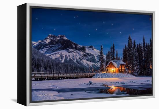 Emerald Lake Lodge in Banff, Canada during winter with snow and mountains at night with starry sky-David Chang-Framed Premier Image Canvas