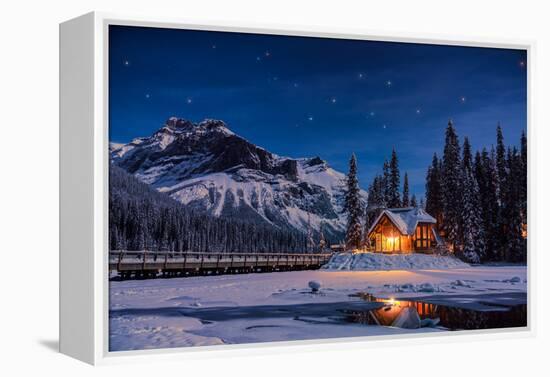 Emerald Lake Lodge in Banff, Canada during winter with snow and mountains at night with starry sky-David Chang-Framed Premier Image Canvas