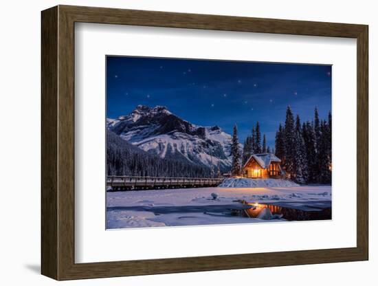 Emerald Lake Lodge in Banff, Canada during winter with snow and mountains at night with starry sky-David Chang-Framed Premium Photographic Print