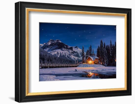 Emerald Lake Lodge in Banff, Canada during winter with snow and mountains at night with starry sky-David Chang-Framed Premium Photographic Print