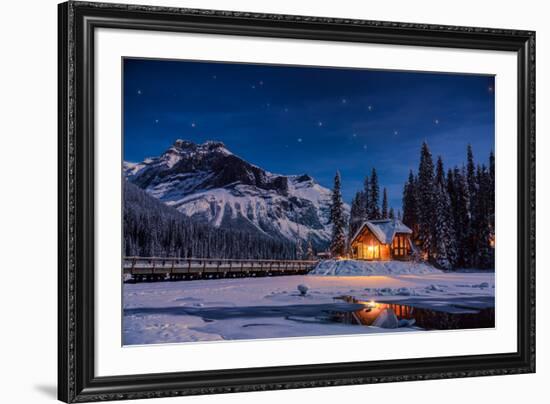 Emerald Lake Lodge in Banff, Canada during winter with snow and mountains at night with starry sky-David Chang-Framed Photographic Print