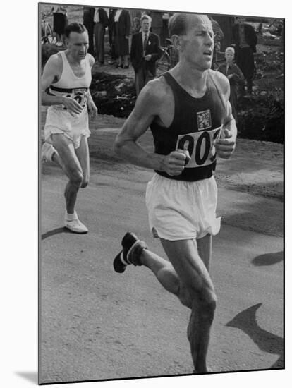 Emil Zatopek Running in Marathon at 1952 Olympics-null-Mounted Premium Photographic Print