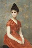 Jeune fille en robe rouge sur fond de fleurs-Emile Levy-Framed Giclee Print