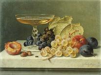 Ein Champagnerglas, Weintrauben, Pflaumen und Pfirsiche auf einer Marmorplatte-Emilie Preyer-Giclee Print