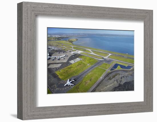 Emirates Airbus A380 and Runways at Auckland Airport, North Island, New Zealand-David Wall-Framed Photographic Print