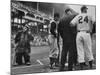 Emmet Kelly at Dodgers Game as Pirates Player Dick Groat and Dodger Manager Walter Alston confer-Yale Joel-Mounted Premium Photographic Print