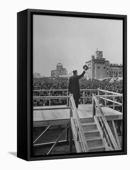 Emperor Hirohito Standing on Platform and Waving to the Crowd-Carl Mydans-Framed Premier Image Canvas