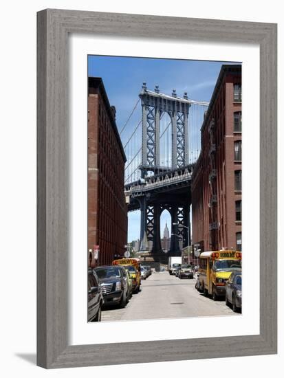 Empire State Building Underneath Brooklyn Bridge from DUMBO, Brooklyn-null-Framed Photo