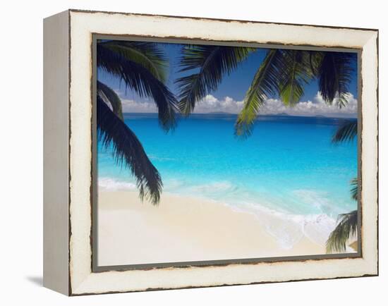 Empty Beach and Palms Trees, Seychelles, Indian Ocean, Africa-Sakis Papadopoulos-Framed Premier Image Canvas