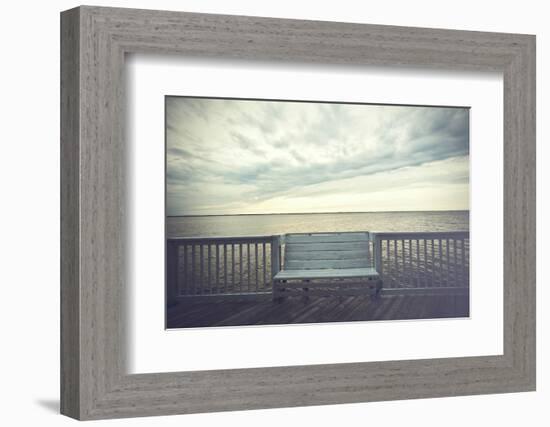 Empty Bench along the Boardwalk Overlooking the Currituck Sound in Duck in the Outer Banks of North-pdb1-Framed Photographic Print