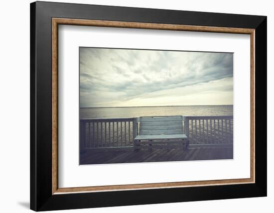Empty Bench along the Boardwalk Overlooking the Currituck Sound in Duck in the Outer Banks of North-pdb1-Framed Photographic Print