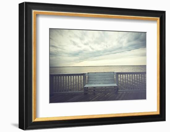 Empty Bench along the Boardwalk Overlooking the Currituck Sound in Duck in the Outer Banks of North-pdb1-Framed Photographic Print