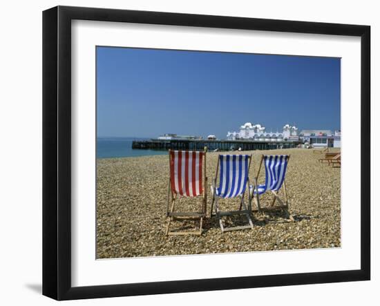 Empty Deck Chairs on the Beach and the Southsea Pier, Southsea, Hampshire, England, United Kingdom-Nigel Francis-Framed Photographic Print