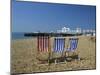 Empty Deck Chairs on the Beach and the Southsea Pier, Southsea, Hampshire, England, United Kingdom-Nigel Francis-Mounted Photographic Print