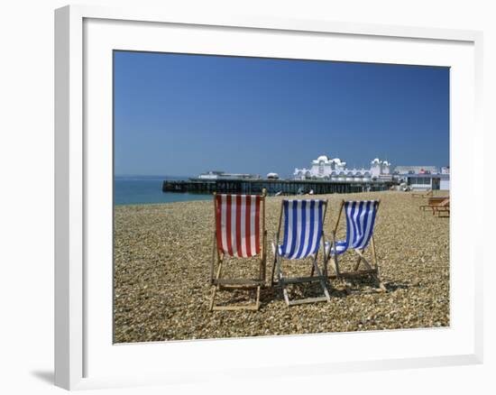 Empty Deck Chairs on the Beach and the Southsea Pier, Southsea, Hampshire, England, United Kingdom-Nigel Francis-Framed Photographic Print