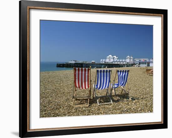 Empty Deck Chairs on the Beach and the Southsea Pier, Southsea, Hampshire, England, United Kingdom-Nigel Francis-Framed Photographic Print