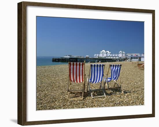 Empty Deck Chairs on the Beach and the Southsea Pier, Southsea, Hampshire, England, United Kingdom-Nigel Francis-Framed Photographic Print