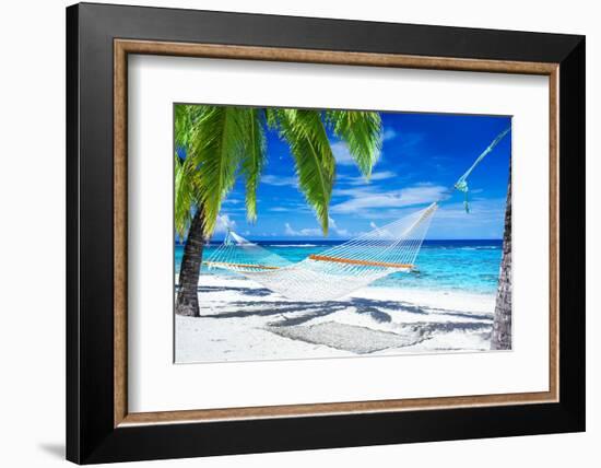 Empty Hammock between Palm Trees on Tropical Beach-Martin Valigursky-Framed Photographic Print