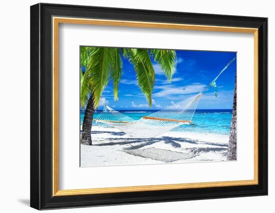 Empty Hammock between Palm Trees on Tropical Beach-Martin Valigursky-Framed Photographic Print