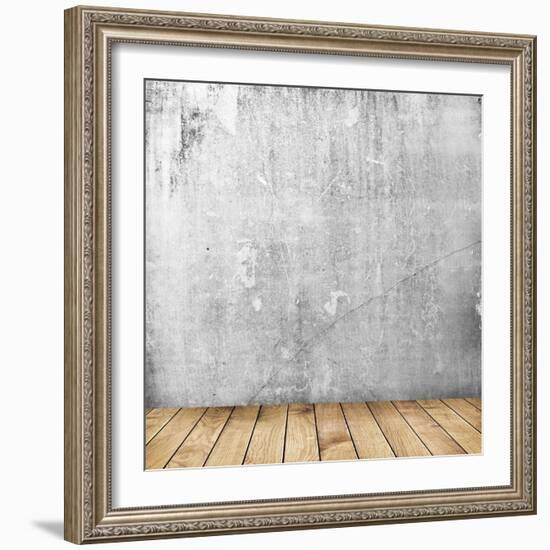 Empty Interior of Vintage Room with Grey Grunge Stone Wall and Old Wooden Floor-Olegkalina-Framed Art Print