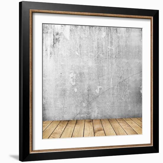 Empty Interior of Vintage Room with Grey Grunge Stone Wall and Old Wooden Floor-Olegkalina-Framed Art Print