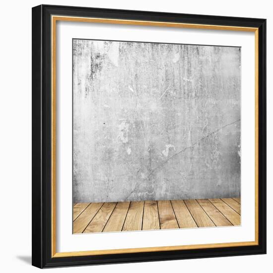 Empty Interior of Vintage Room with Grey Grunge Stone Wall and Old Wooden Floor-Olegkalina-Framed Art Print
