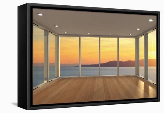 Empty Modern Lounge Area with Large Bay Window and View of Sea-FreshPaint-Framed Premier Image Canvas