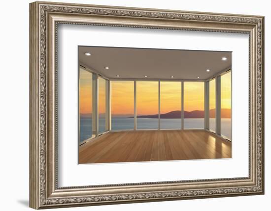 Empty Modern Lounge Area with Large Bay Window and View of Sea-FreshPaint-Framed Photographic Print